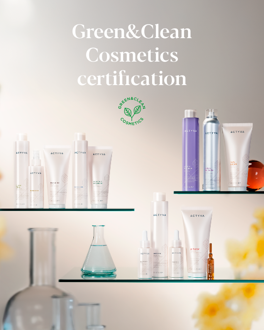 Actyva products on shelves with 'Green & Clean Cosmetics' certification logo.